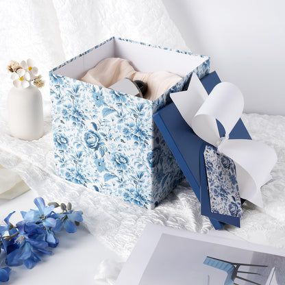 BIOBROWN Medium Gift Boxes with Lids for Presents, 9x9x9 Inches Chinoiserie Blue White Peony Floral Design Collapsible Gift Box for Mother's Day, Bridal Shower, Wedding, Birthday, Valentine's Day