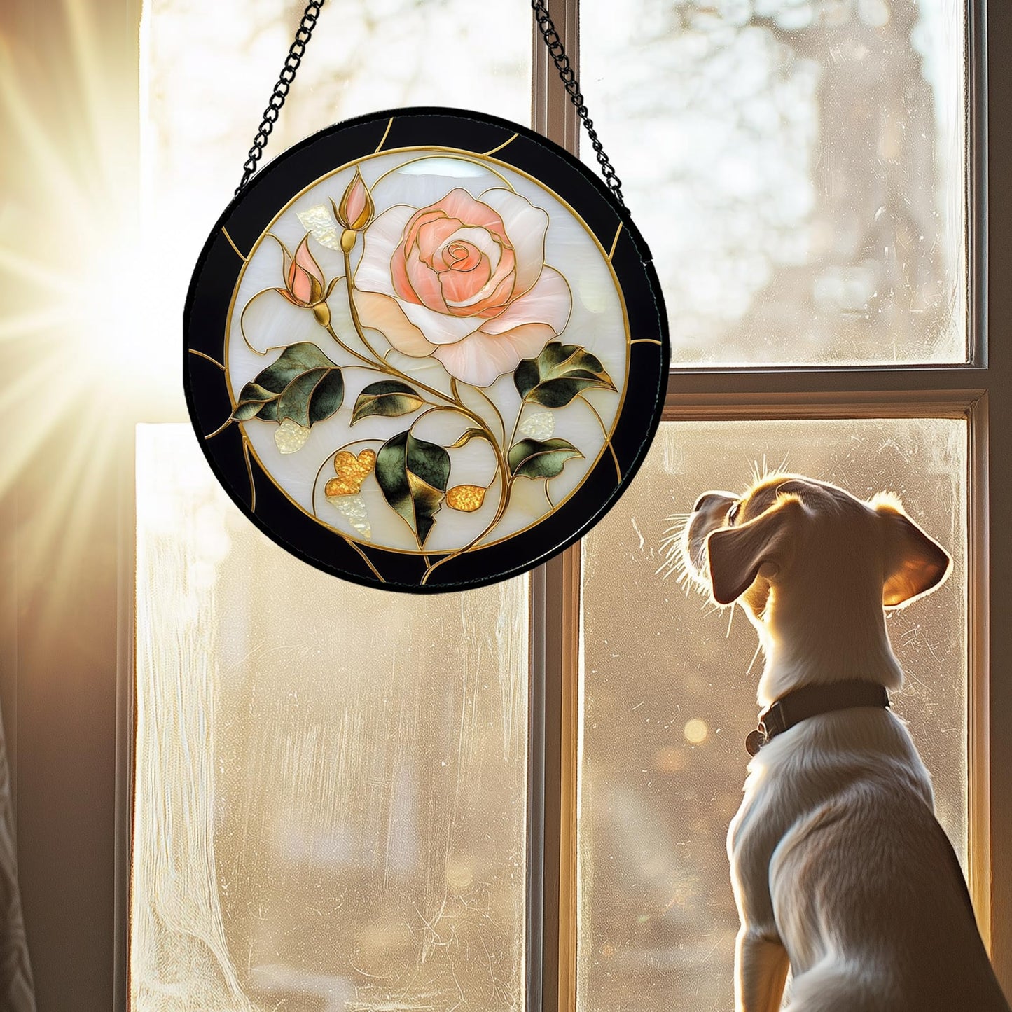 AMDERVEN Stained Glass Window Hanging - Black White Pink Rose Sun Catcher for Door Home Decor Flower Suncatcher Christmas Mother's Day Birthday Gifts for Women Men Lovers Mom Nana 9.8 in