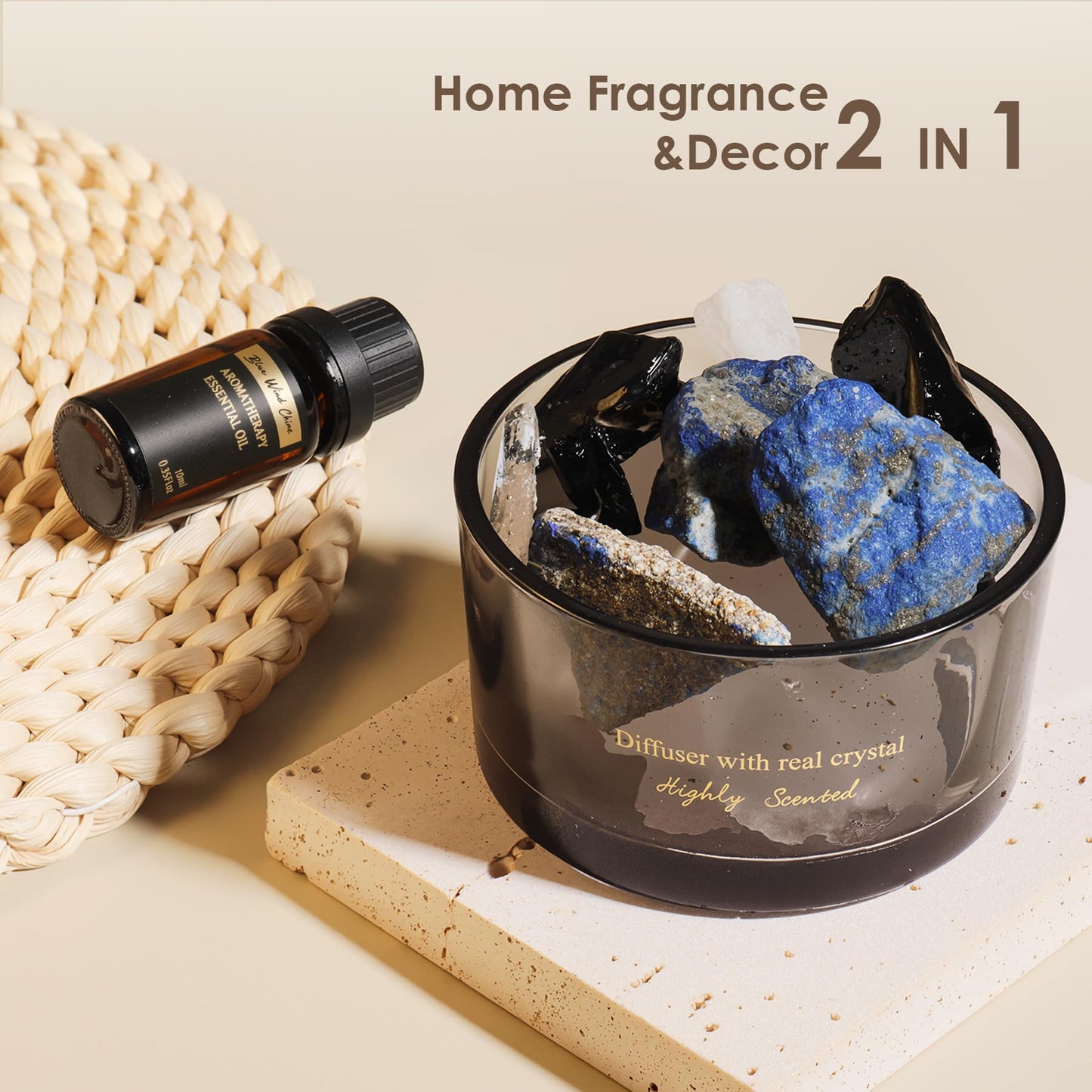 Crystal Stone Aroma Diffuser with Essential Oils for Home Bathroom Office, Home Decor & Fragrance 2 in 1, Chic Aromatherapy Gift Set (Bluebell Scent)