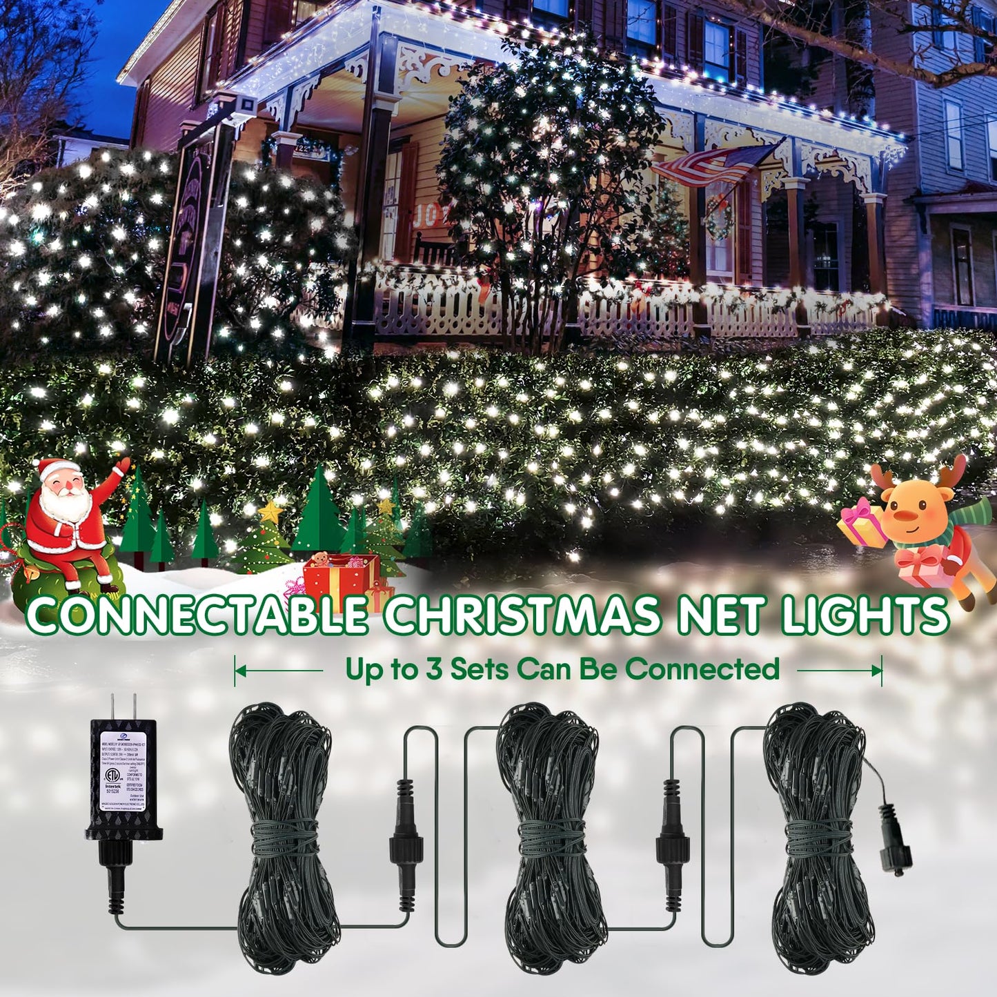 Hezbjiti Christmas Net Lights Outdoor 200 LED 6.9FT x 5.4FT Green Wire with 8 Modes, Connectable Plug in Waterproof, Timer Memory Function for Xmas Tree Bush Porch Lawn Windows Decor（2 Pcs Cold White