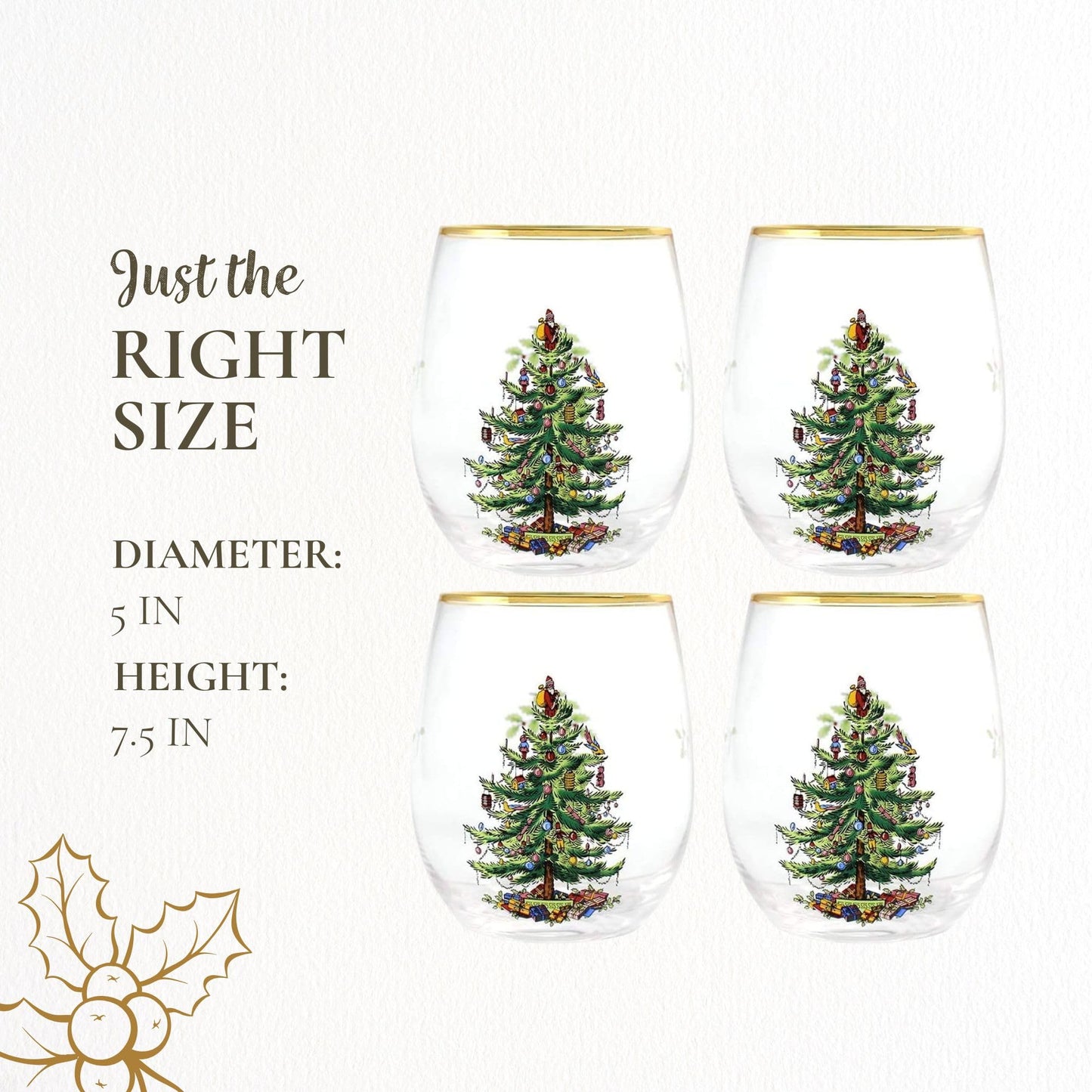 Spode Christmas Tree 19oz Stemless Wine Glasses, Set of 4 - Vintage-Inspired Holiday Drinkware with Cozy Seasonal Charm, Ideal for Mulled Wine at Festive Gatherings & Holiday Entertaining