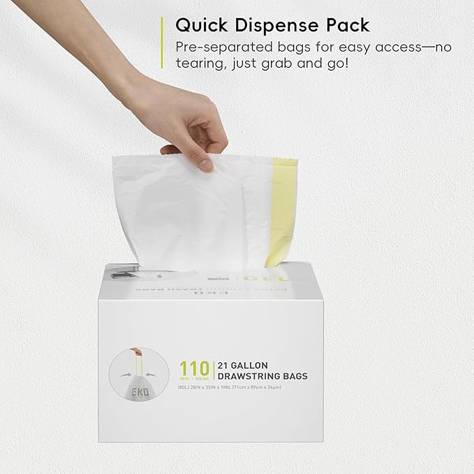EKO 21 Gallon / 50-90 Liter, Extra-Strong Unscented Garbage Bags, Easy-Dispense