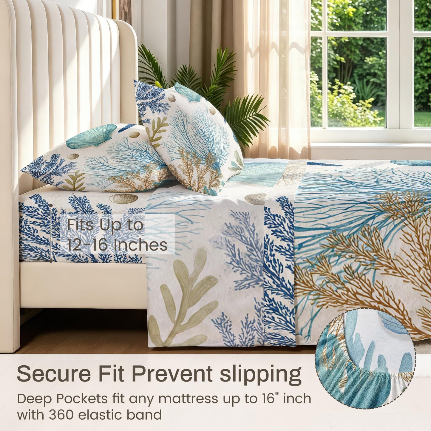 Seashell Coral Queen Sheet Set 4 Pcs Coastal Bed Sheets