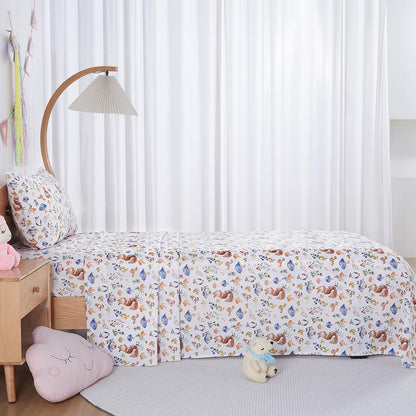 lasoftan Kids Sheet Set Twin Size, Twin Sheet Set with Oil Squirrel Pattern，Breathable Silky Soft Microfiber Kids Fitted Sheet