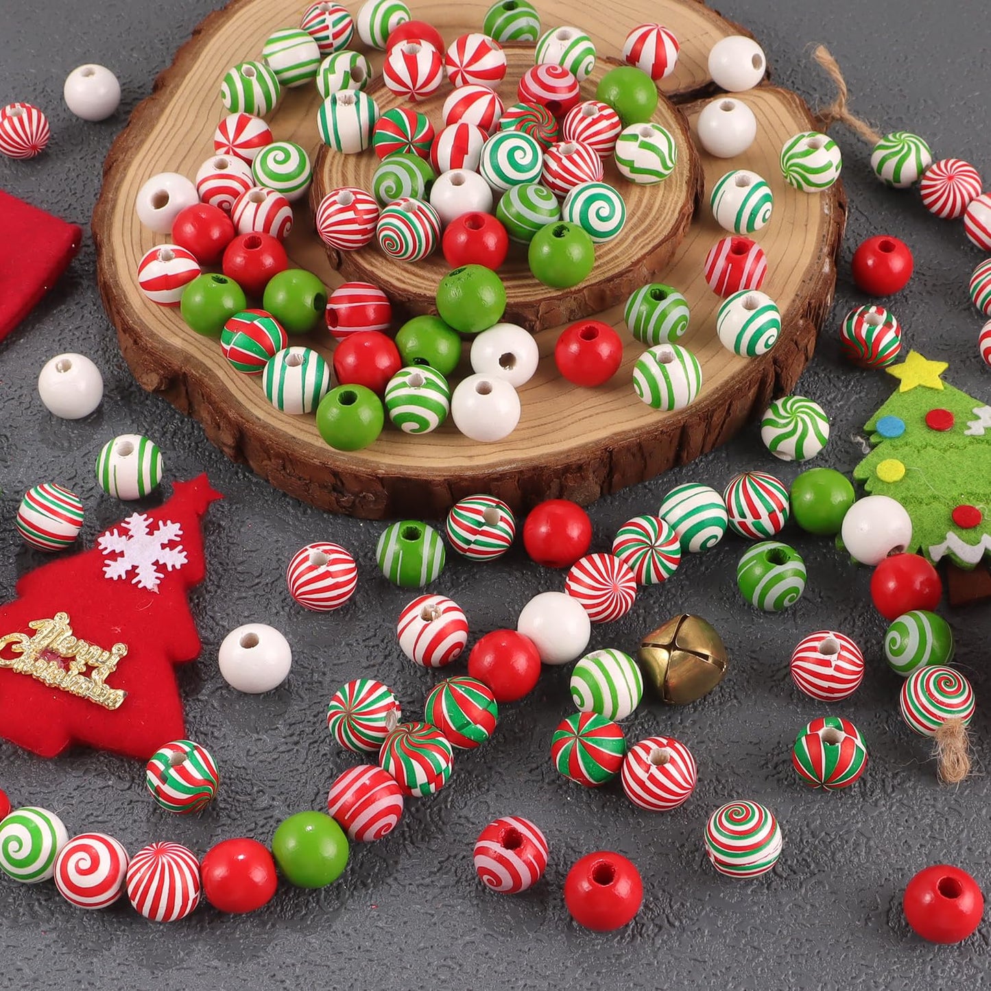 180 Pcs Christmas Wooden Beads Xmas Red Green Round Wood Beads Peppermint Candy Canes Crafts for DIY Garland Jewelry Making Party Tree Hanging Home