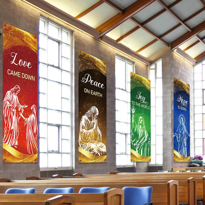 4Pcs Christmas Church Banners for Sanctuary Wall Love Hope Joy Peace Religious Banners Hanging Backdrop Gold Glitter Jesus Christian Banner with Scripture Bible Verse Banner for Holiday School Decor