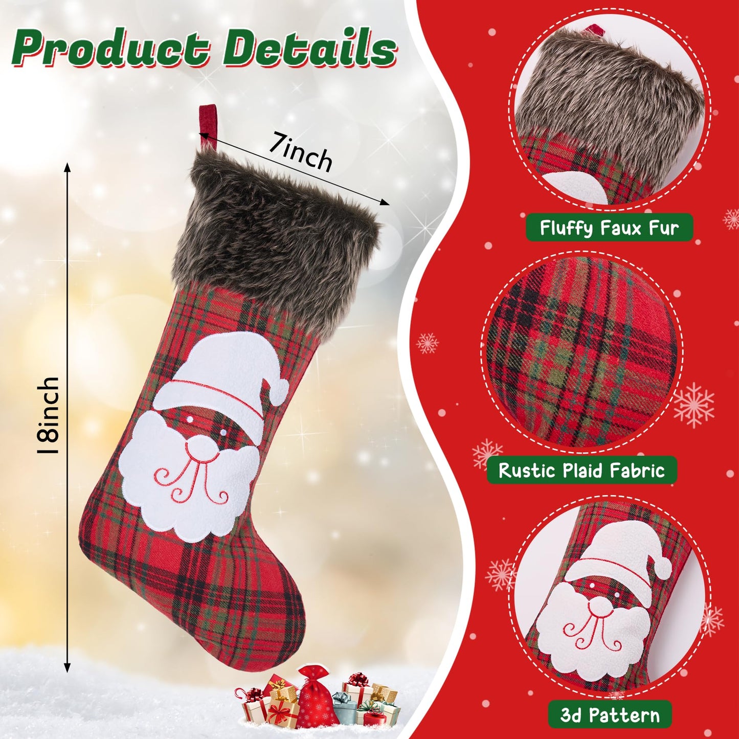 Mostop 4 Pack Christmas Stockings, Large Buffalo Plaid Faux Fur Xmas Stockings Santa Snowman Reindeer Pattern Stockings for Xmas Family Home Decoration