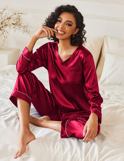 Ekouaer Silk Pajama for Women Long Sleeve Satin Pj Set Two Piece Soft Sleepwear Loungewear S-XXL