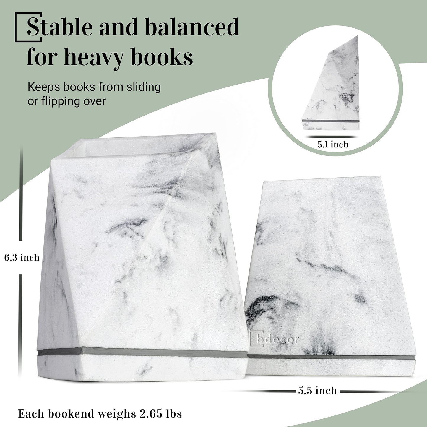 BDECOR Marble Style Bookends - Decorative, Heavy Duty Book Holder for Shelves, Non Skid, Unique Design (White)