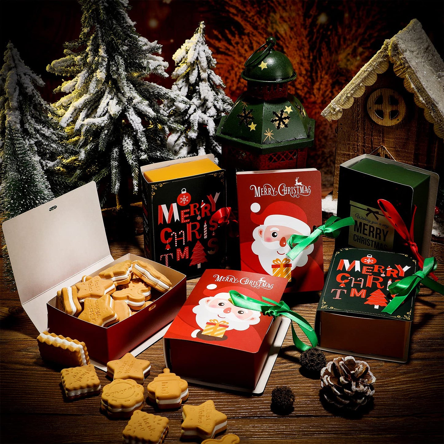 Outus 24 Pcs 3.15 x 1.8 x 4.3 Inch Small Christmas Cookie Tin Mini Xmas Cookie Boxes Trays for Gift Giving Holiday Pastries Box Chocolate Candy Bakery Cakes Goodies Treat Food Container Box Packaging