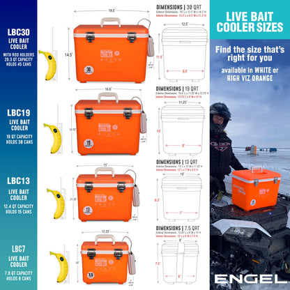 Engel 19qt Live Bait Cooler Box with 2nd Gen 2-Speed Aerator Pump - Portable Fishing Station & Minnow Bucket for Shrimp & Other Live Fish with Aerator - ENGLBC19-N-OHV in Orange High-Visibility