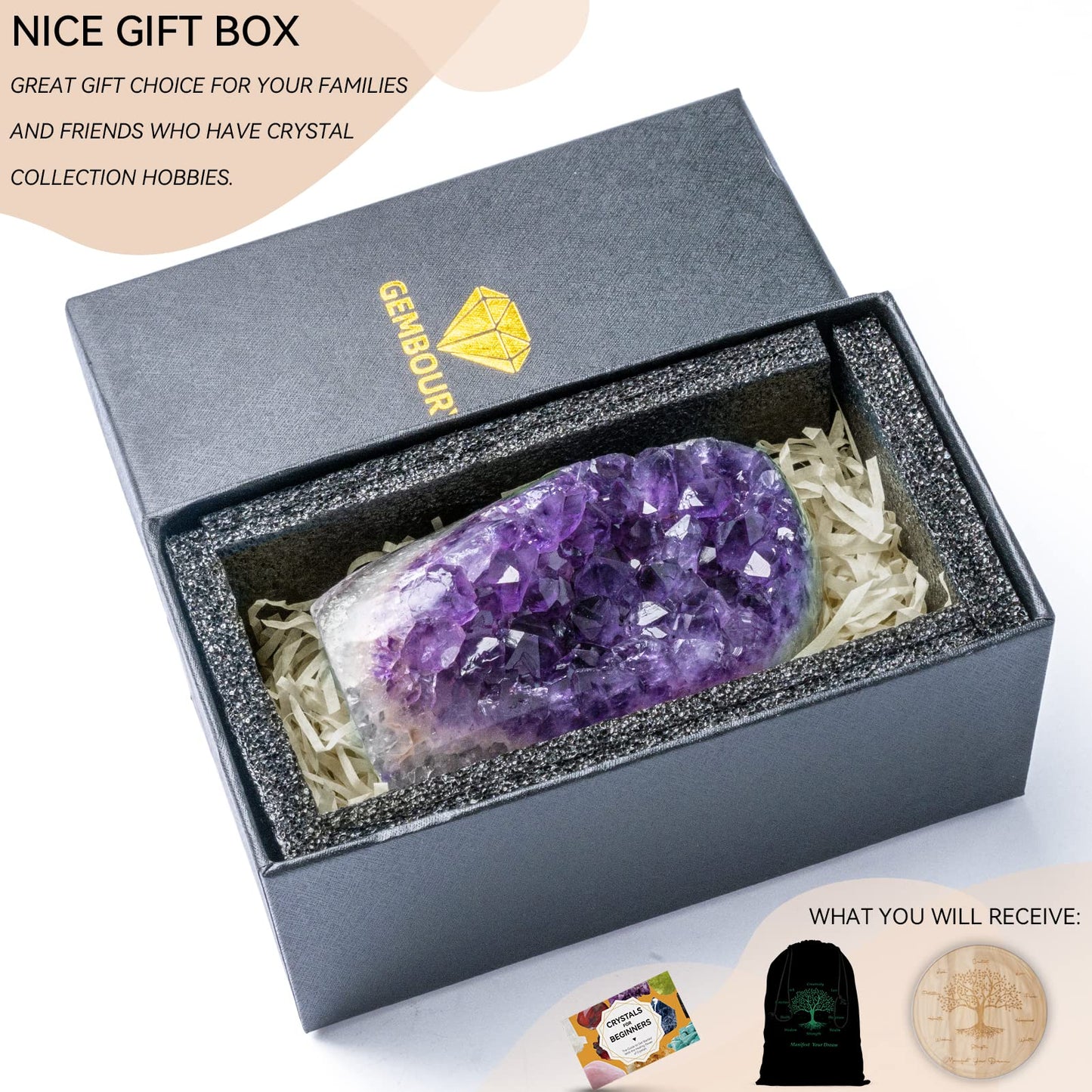 Natural Deep Purple Amethyst Crystal Geode from Uruguay 1lb-1.5lb, A Grade Amethyst Cluster, Premium Gift Box for Collectors Reiki Healing Positive Energy by GEMBOURY