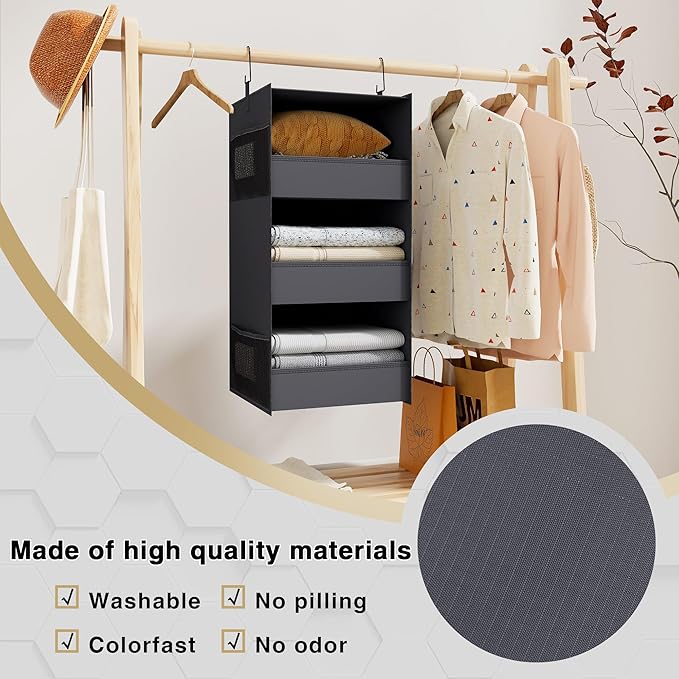 3-Shelf Hanging Closet Organizer and Storage, Foldable Hanging Closet Shelves
