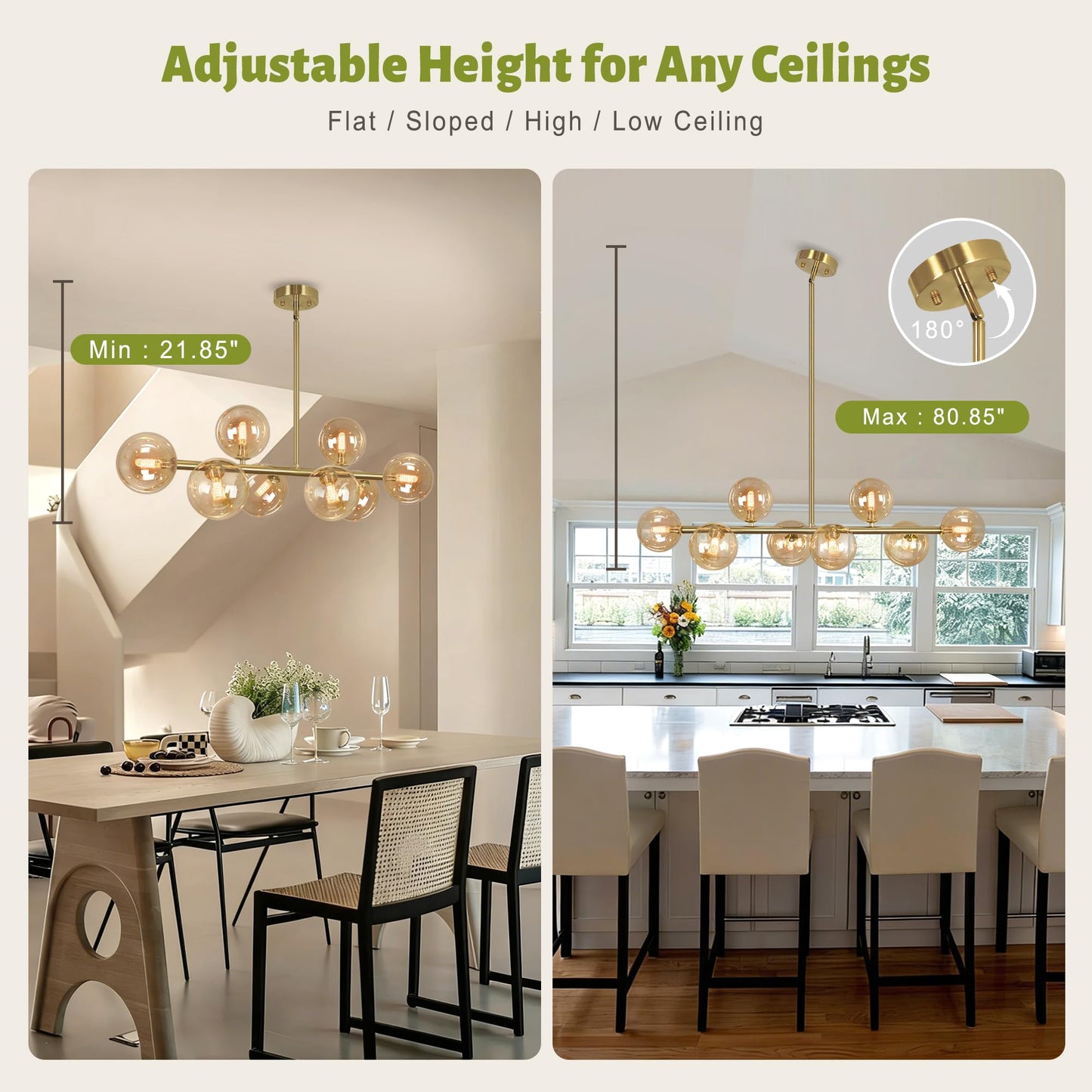 Gold Linear Chandelier,8-Light Bubble Amber Glass Globe Chandelier Mid Century Modern Sputnik Chandeliers for Dining Room Light Fixture Electroplated Brass Chandelier 37" Pendant Lights Kitchen Island
