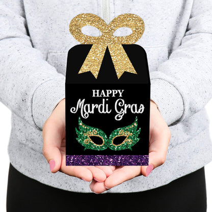 Big Dot of Happiness Mardi Gras - Square Favor Gift Boxes - Masquerade Party Bow Boxes - Set of 12