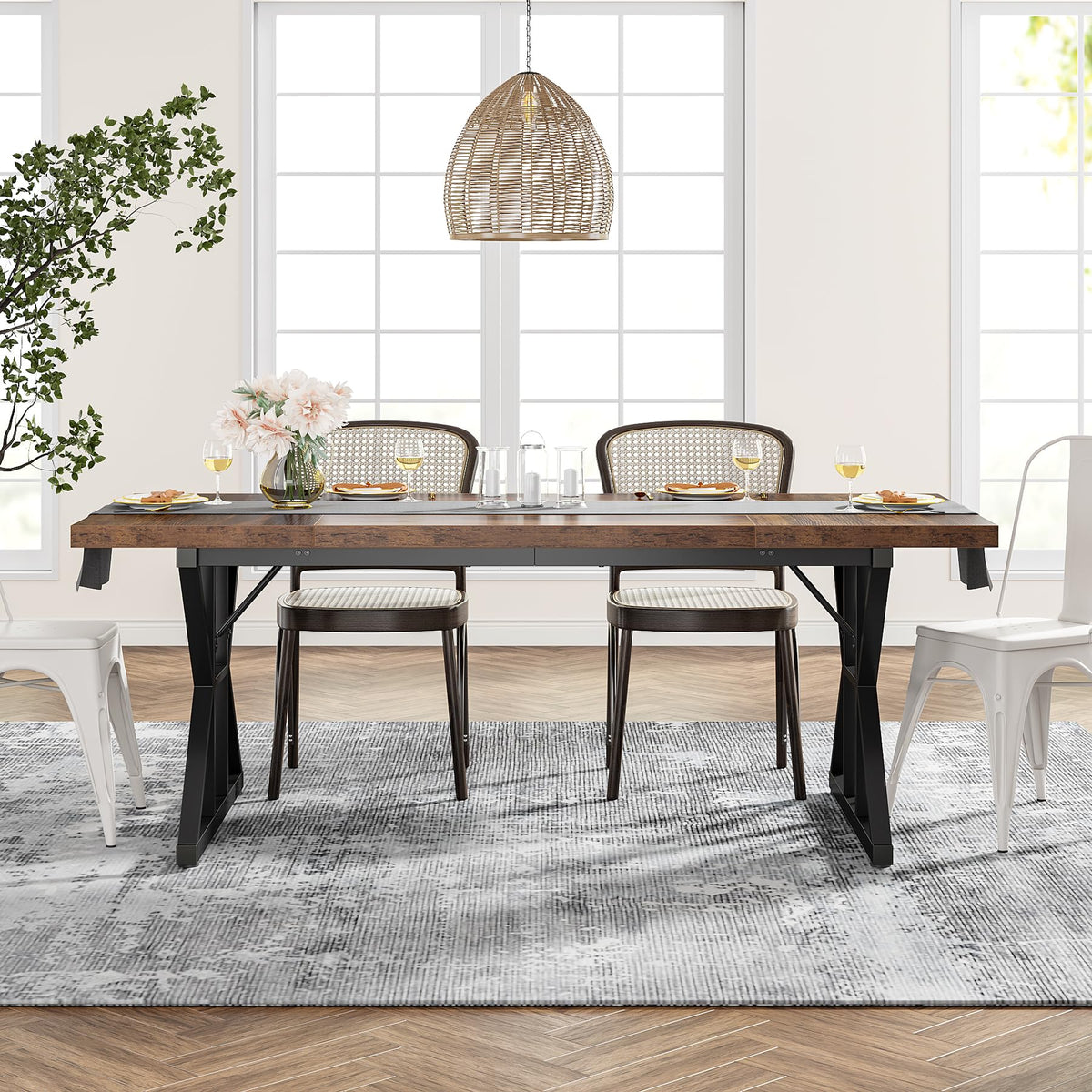 Tribesigns Farmhouse Dining Table for 6 People, 70.8-Inch Rectangular Wood Dining Table, Rustic Kitchen Table with Heavy Duty Metal Legs for Dining Room