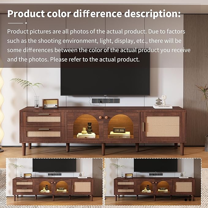 Merax Rattan TV Stand with LED Lights, Solid Wood Feet, Living Room, Bedroom