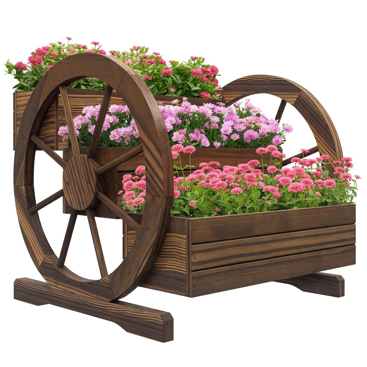 Outsunny 3-Tier Raised Garden Bed, Wooden Wagon Planter Boxes with Drainage Holes, for Vegetables Flowers Herbs, 25" x 24" x 23"