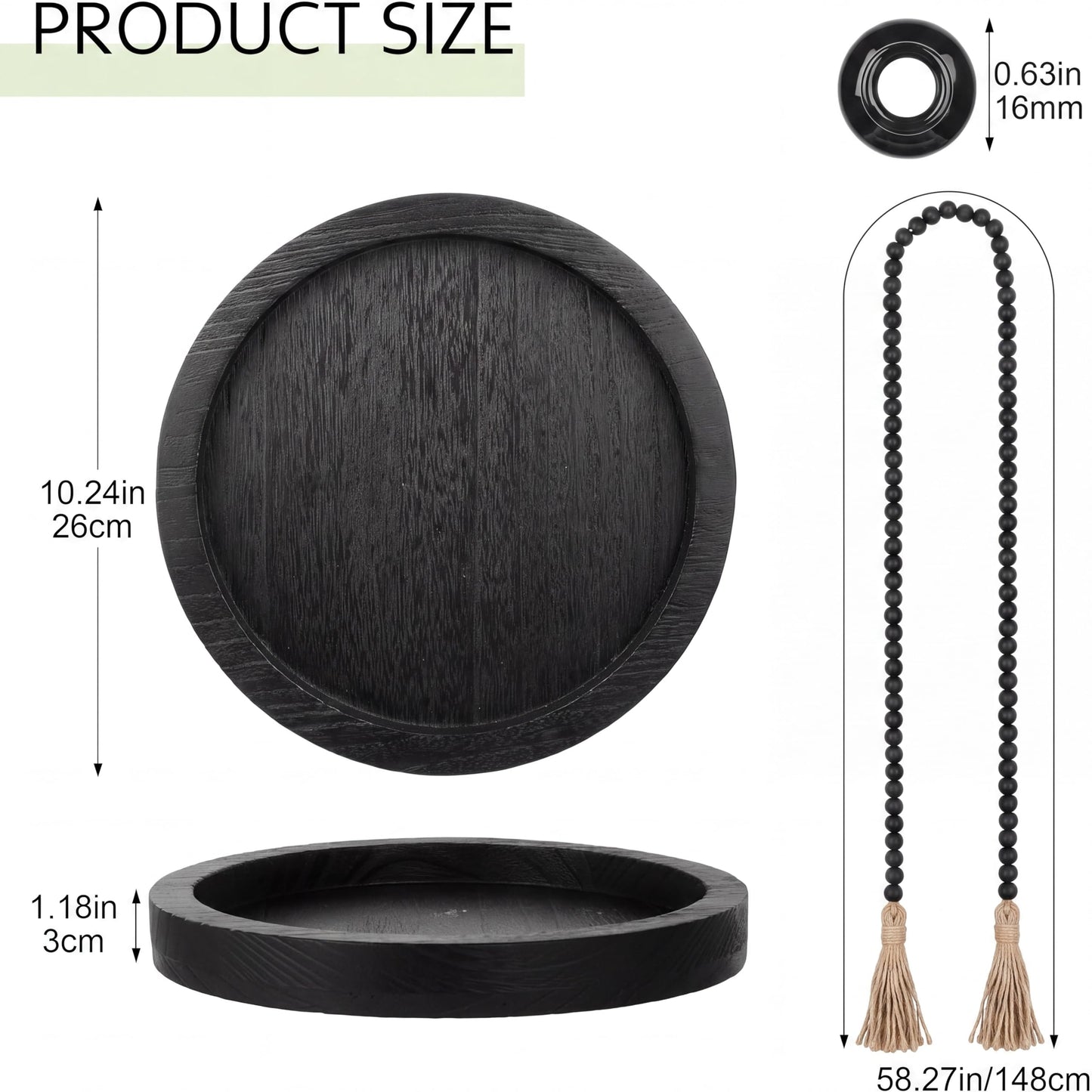 Tiangrid 5 Pcs Rustic Tabletop Centerpieces Decor Set of 3 Boho Ceramic Vases with Wooden Serving Tray Wood Bead Garland Tassels Table Holder for Home Decorations (Black)