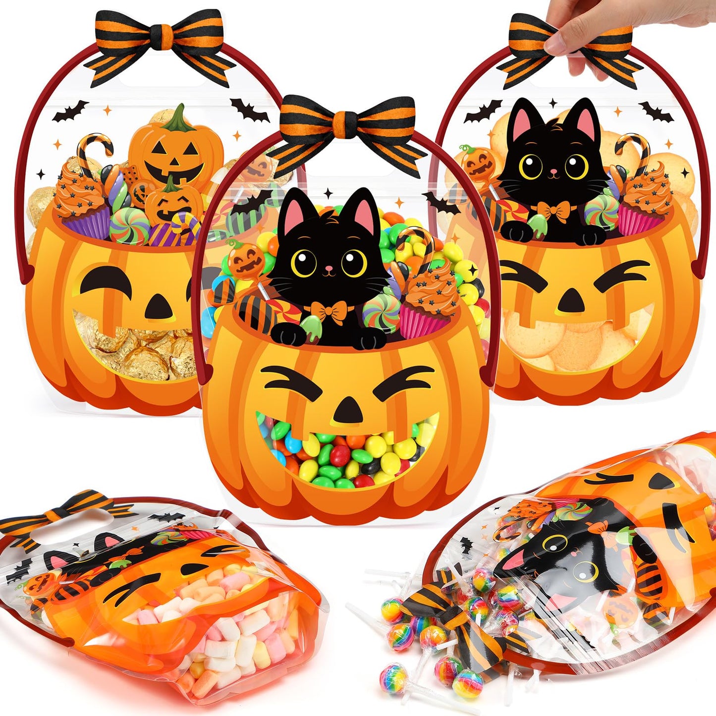 Fuutreo 50 Pcs Halloween Plastic Bags Clear Black Cat Pumpkin Sealed Gift Pouches with Handles Resealable Scary Holiday Favor Bags for Halloween Holiday Party Candy Gift Wrapping Supplies Decoration