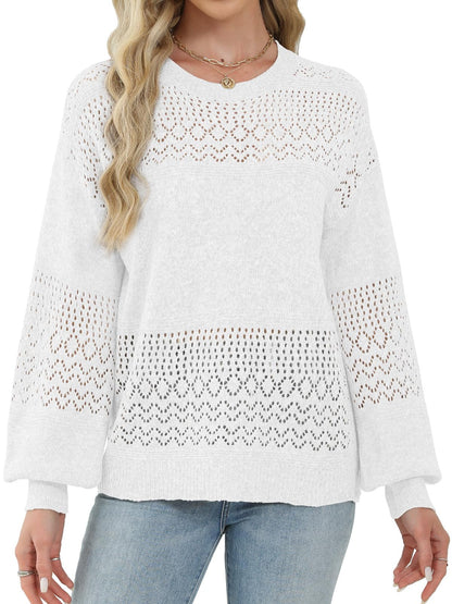 Lylinan Womens Sweaters Casual Boho Long Sleeve Shirts Crewneck Lightweight Crochet Tops Pullover Knit Sweater