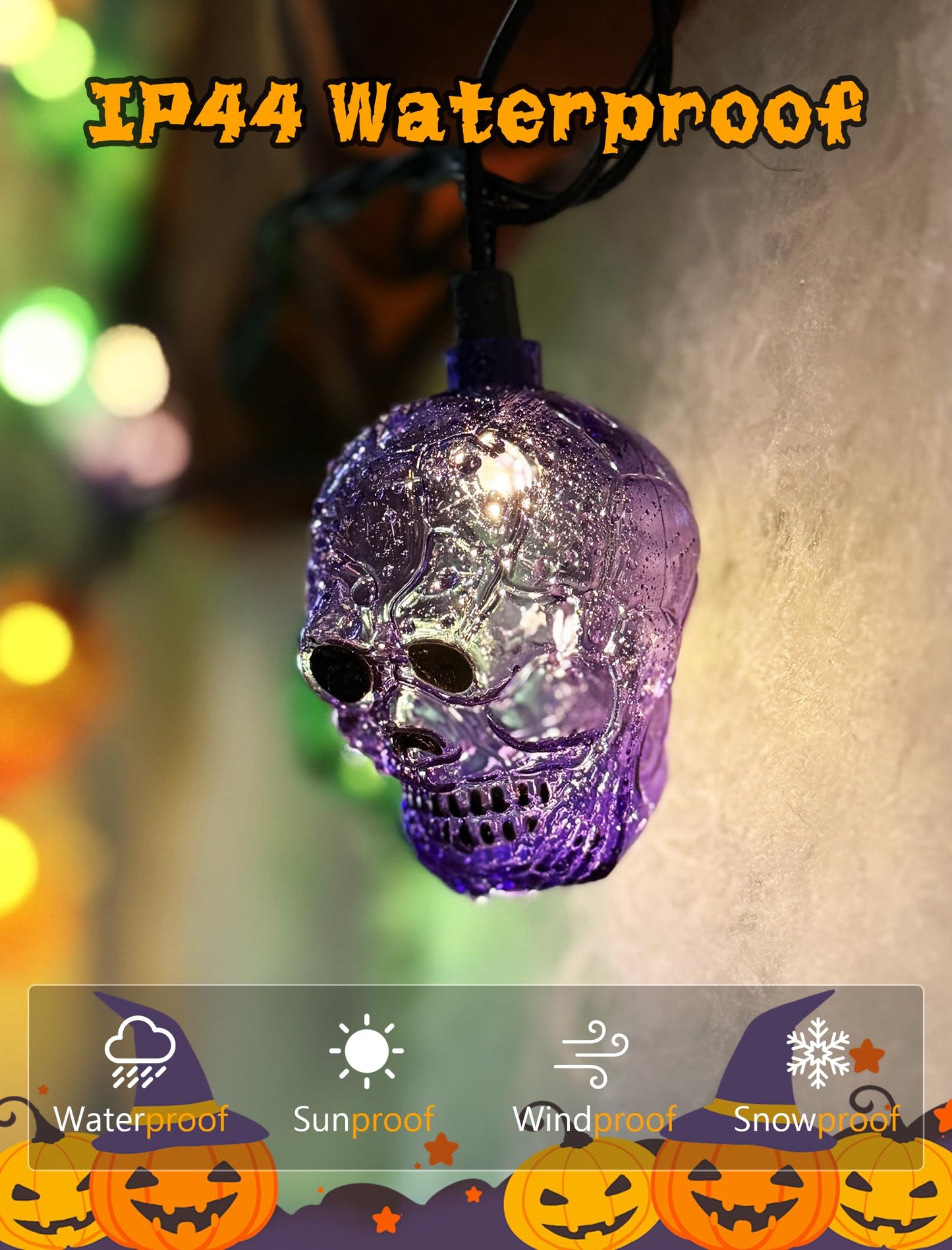 Halloween Skull String Lights Outdoor, 8.5Ft Ghost Head Lights with 10 LED Orange Green Purple Skull Head Lights, Hanging Halloween Decoration Skeleton Light for Patio, Porch, House, Party Decorations