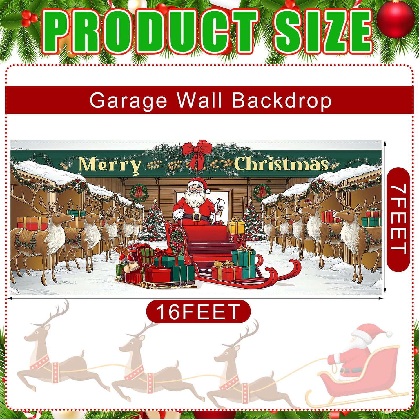 Tingjoo 7 x 16 ft Christmas Garage Door Cover Banner Christmas Garage Door Decorations African American Large Holiday Decorations Banner for Xmas Winter party (Reindeer Barn)