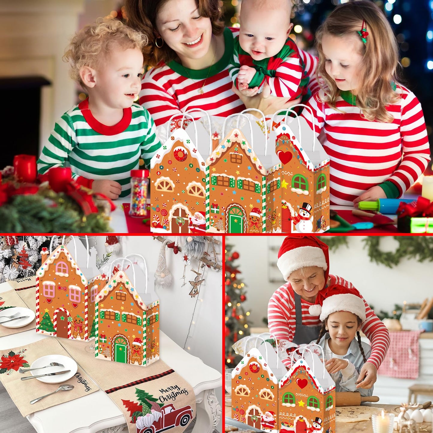 Qpout 12Pcs Christmas Party Favors Bags, Gingerbread House Shaped Gift Bags with Handles Paper Snack Goodie Candy Treat Bags for Winter Xmas Holiday Gift Wrapping Baby Shower