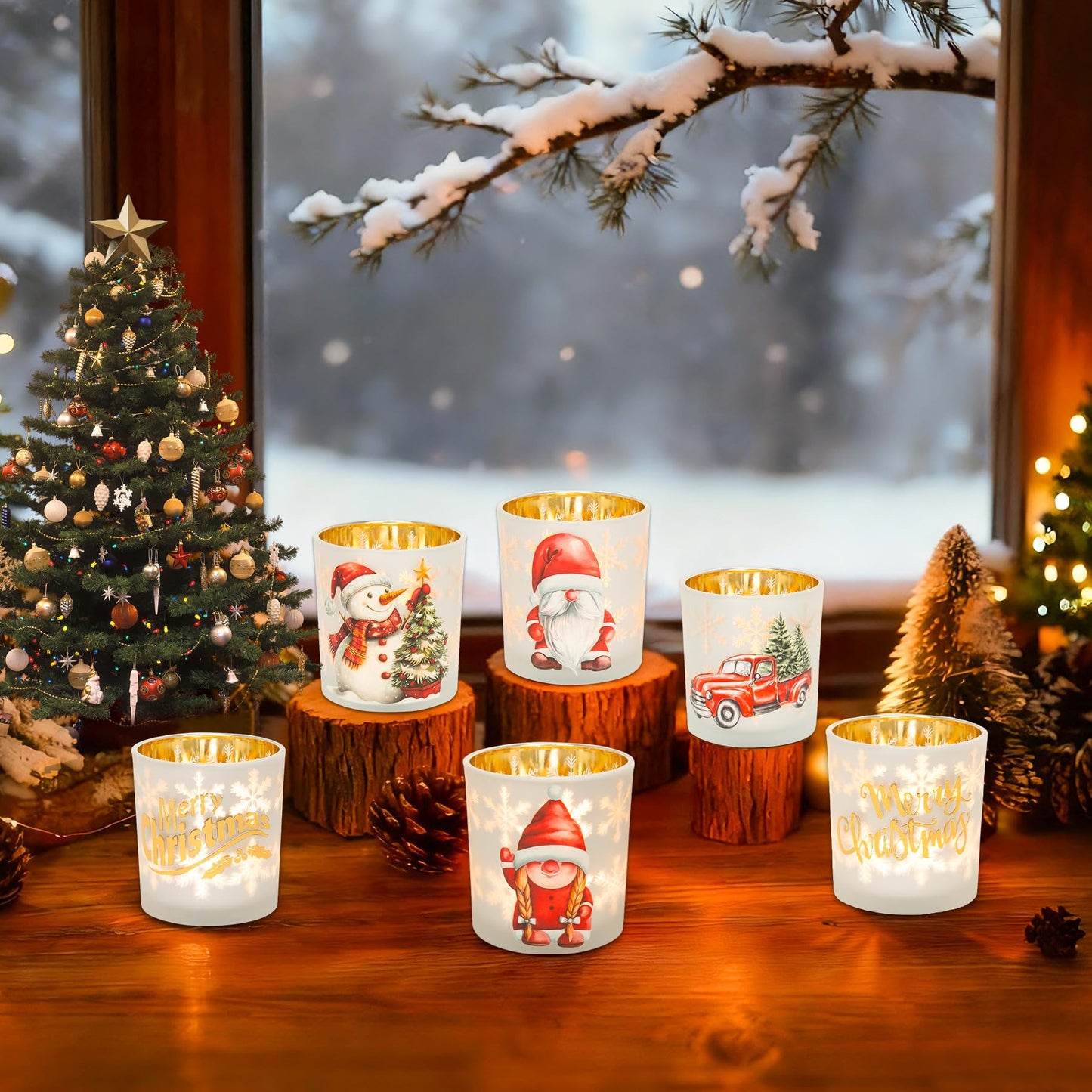 Christmas Votive Candle Holders, Set of 3 White Gold Red Glass Candle Holder for Christmas Table Centerpieces, Xmas Tea Light Holders with Gnomes Truck Snowman for New Year Holiday Party Decor