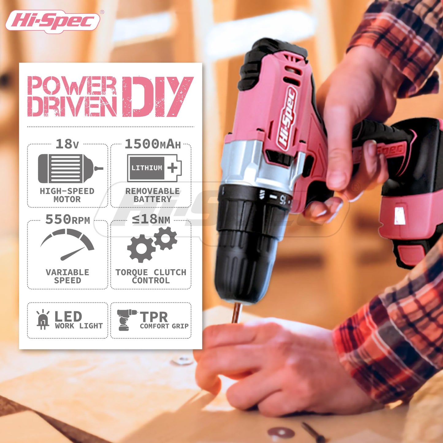 Hi-Spec 81pc Pink 18V Cordless Power Drill Driver Kit for DIY Projects