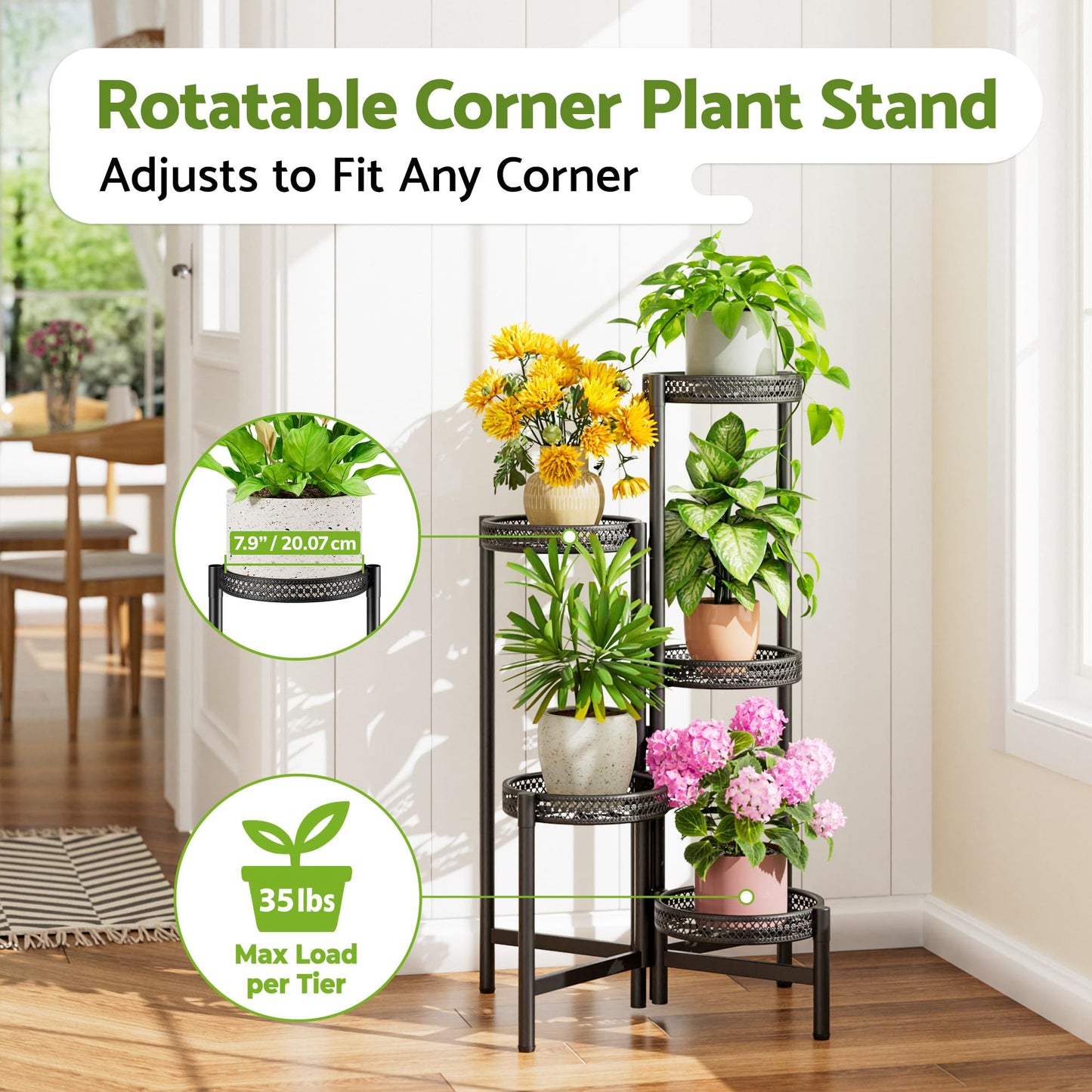 NQW Plant Stand Indoor Outdoor, 5 Tier Corner Metal Flower Display Holder Shelf, Folding Tall Rack for Patio Balcony Porch Garden Living Room House, Heavy Duty Wrought Iron Plant Shelf- BlackWave
