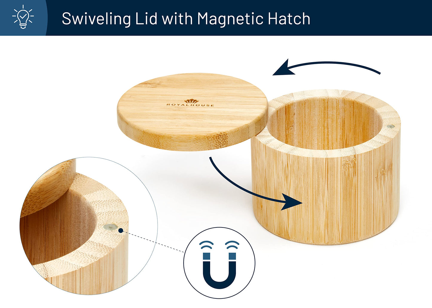 RoyalHouse 6 Oz Capacity Natural Bamboo Salt and Pepper Holder With Bamboo Lid, Salt Cellar With Magnetic Swivel Lid, Healthy Storage Box For Herbs Or Favorite Seasonings