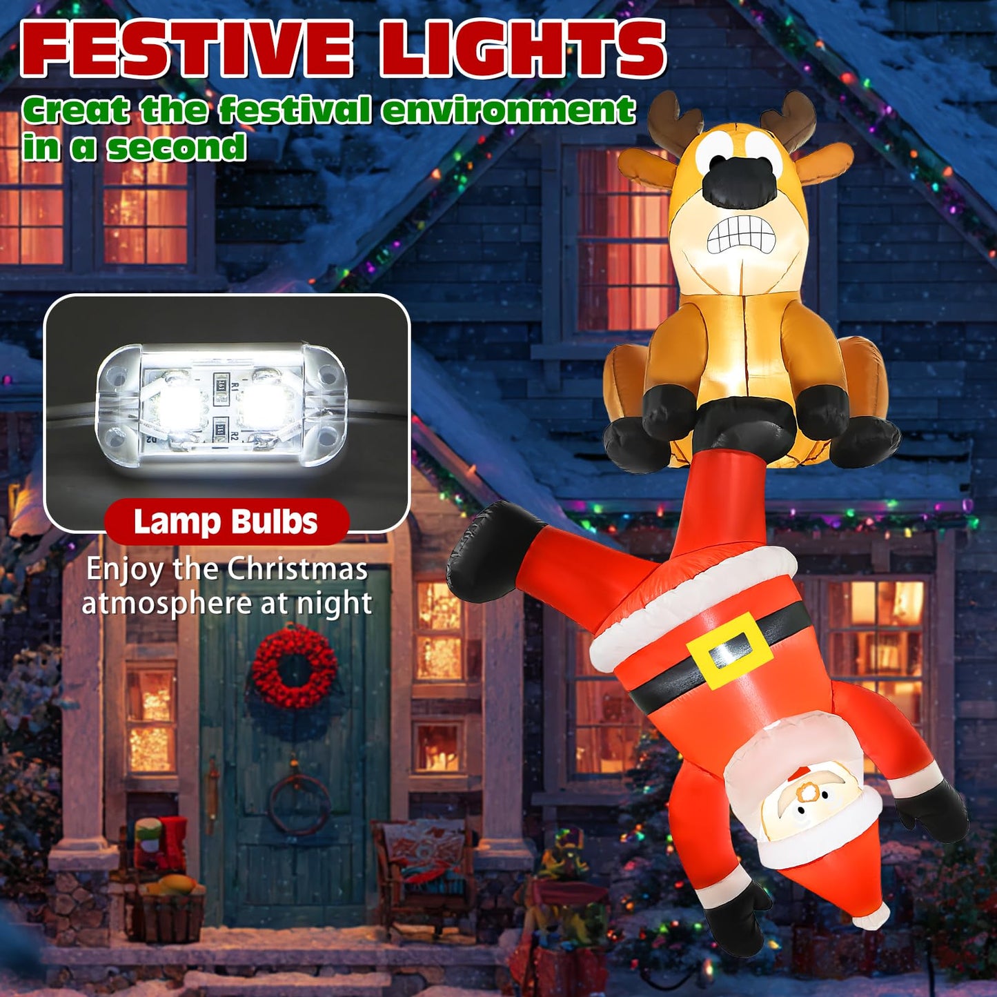 Christmas Inflatable Roof Outdoor Decorations, 8FT Inflatables Reindeer & Climbing Santa, LED Lights Blow up Holiday Hanging Decor for Window Indoor Rooftop Outside Balcony Garden Restaurant Café