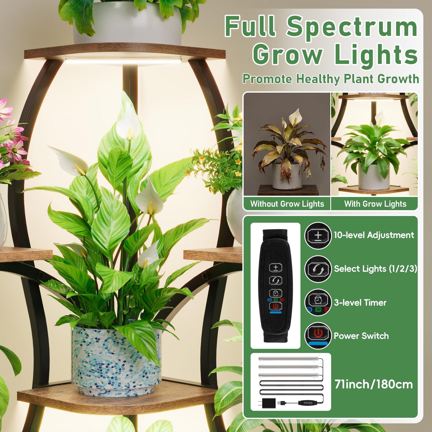 LATIBELL 72'' Tall Corner Plant Stand Indoor with Grow Light - 8 Tiered Metal Plant Shelf for Indoor Plants, Curved Display Rack Capable of Holding Large Pots in Living Room, Patio & Balcony, Black