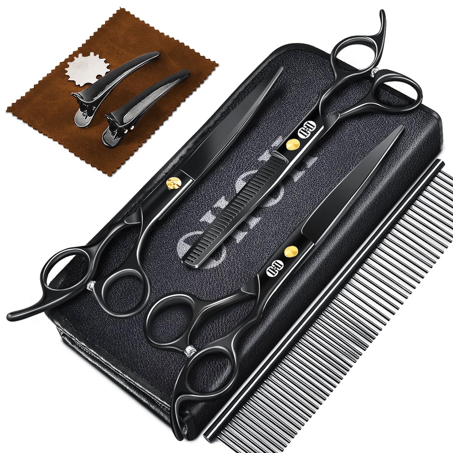 CIICII Dog Grooming Scissors Kit, 7.8 Inch Professional Pet Grooming Scissors Set (Dog/Cat Hair Thinning Trimming Cutting Shears) with Curved Scissor for DIY Home Salon (Heavy Duty-Black-9Pcs)