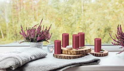 BOLSIUS Red Shimmer Metallic Pillar Candles 4 Pack - 2.75 X 5 Inches - Premium European Quality - Includes Natural Plant-Based Wax - Unscented Dripless Smokeless 60 Hour Party and Wedding Candles