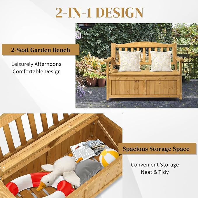 Outvita Outdoor Wood Storage Bench, Wooden Large Deck Box with Seating & Armrest, Waterproof Patio Organizer Loveseat for Garden Porch Deck Backyard Poolside(Yellow)