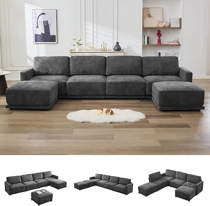 143.8" Modular Sectional Sofa Modern Chenille U Shaped Couch