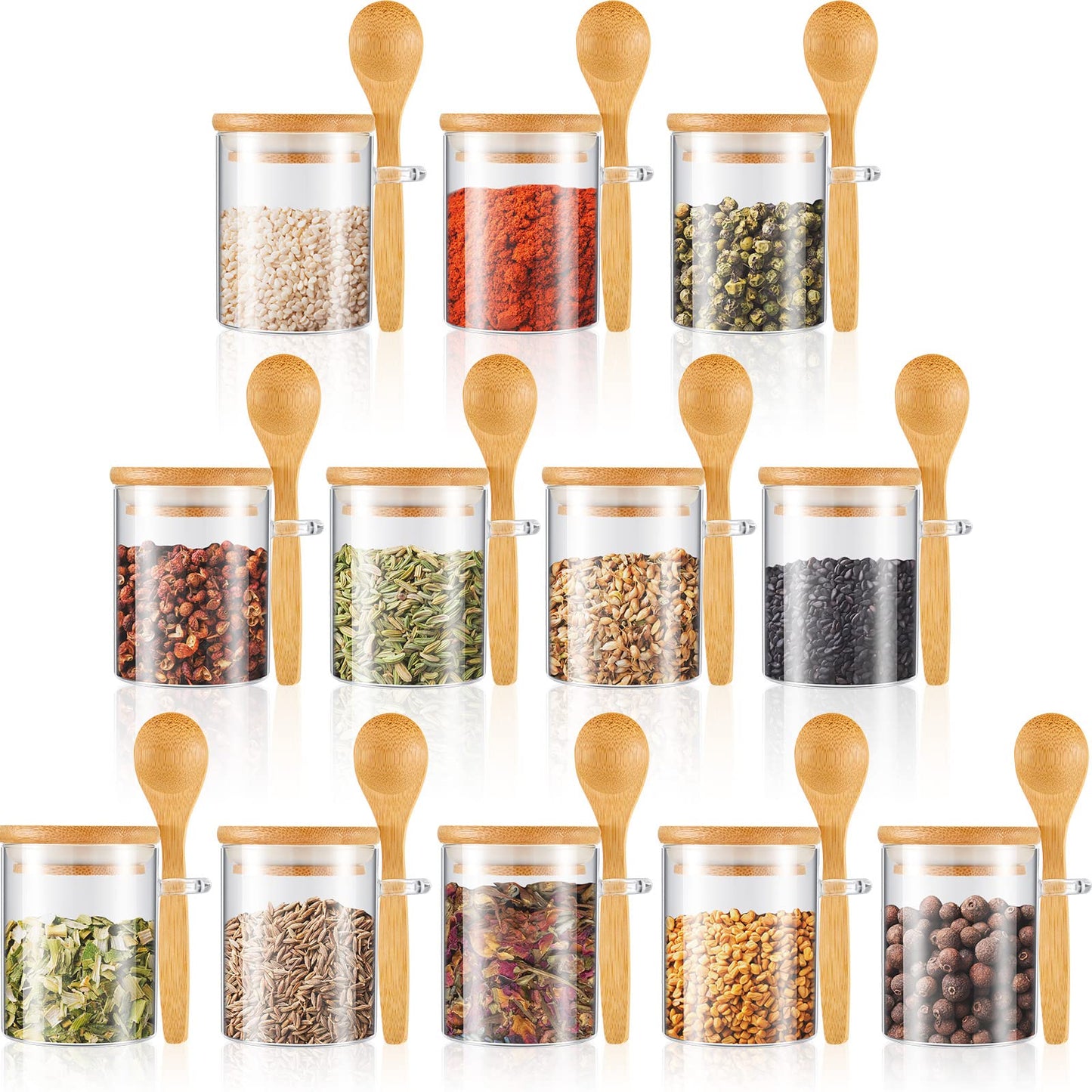 Tessco for you 12 Pack 6 oz Glass Spice Jars with Bamboo Lids and Wooden Spoons, Clear Storage Containers for Sugar, Salt, Coffee, Tea, DIY Gifts, and Sugar Scrubs Organization Set for Kitchen