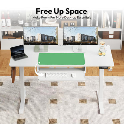 Gamork Electric Standing Desk with Keyboard Tray,55x24 inches Adjustable Height Stand Up Desk,3 Preset Heights,Equipped with Hooks,Raising Desks for Home Office and Computer Workstation,White
