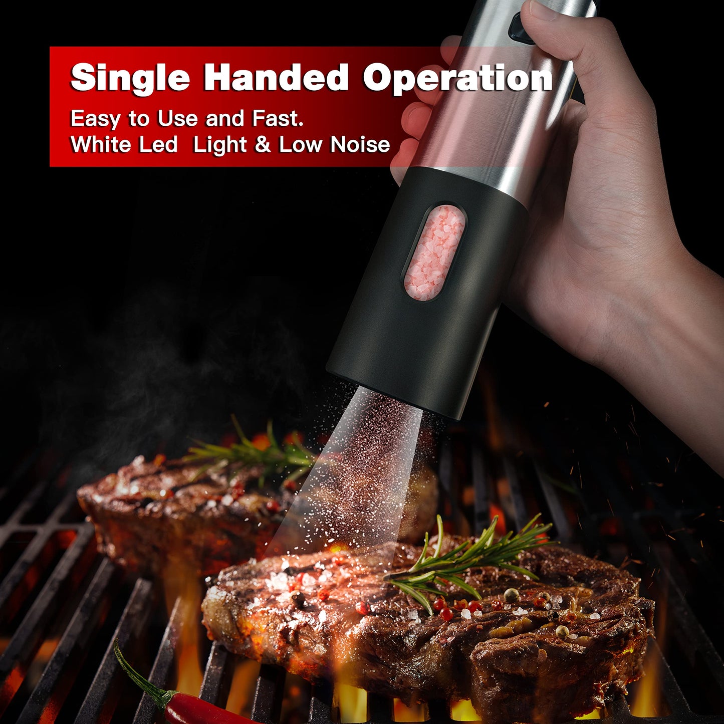 Battery Operated Salt and Pepper Grinder Set, Electric Salt Grinder with Storage Base, One Hand Automatic Operation, Stainless Steel Black 2 Pack