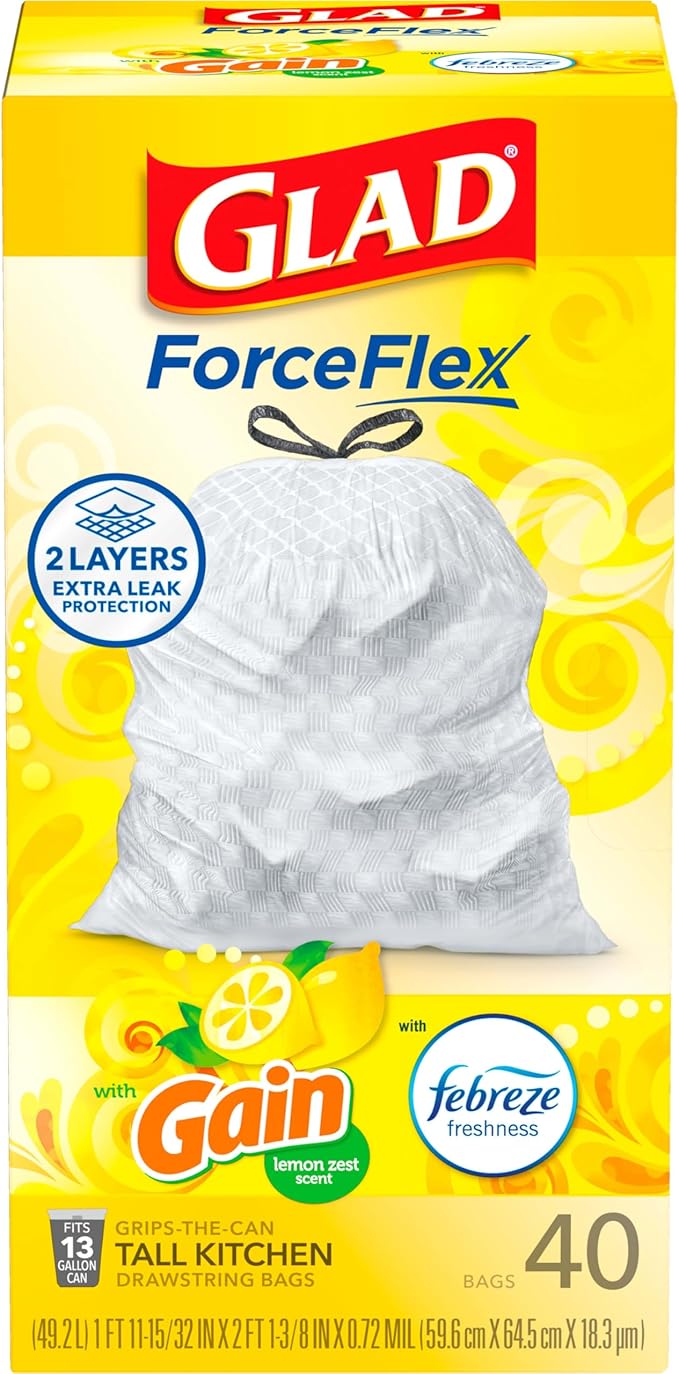 Glad ForceFlex Trash Bags 13 Gallon Gain Lemon Zest | Tall Kitchen | Drawstring