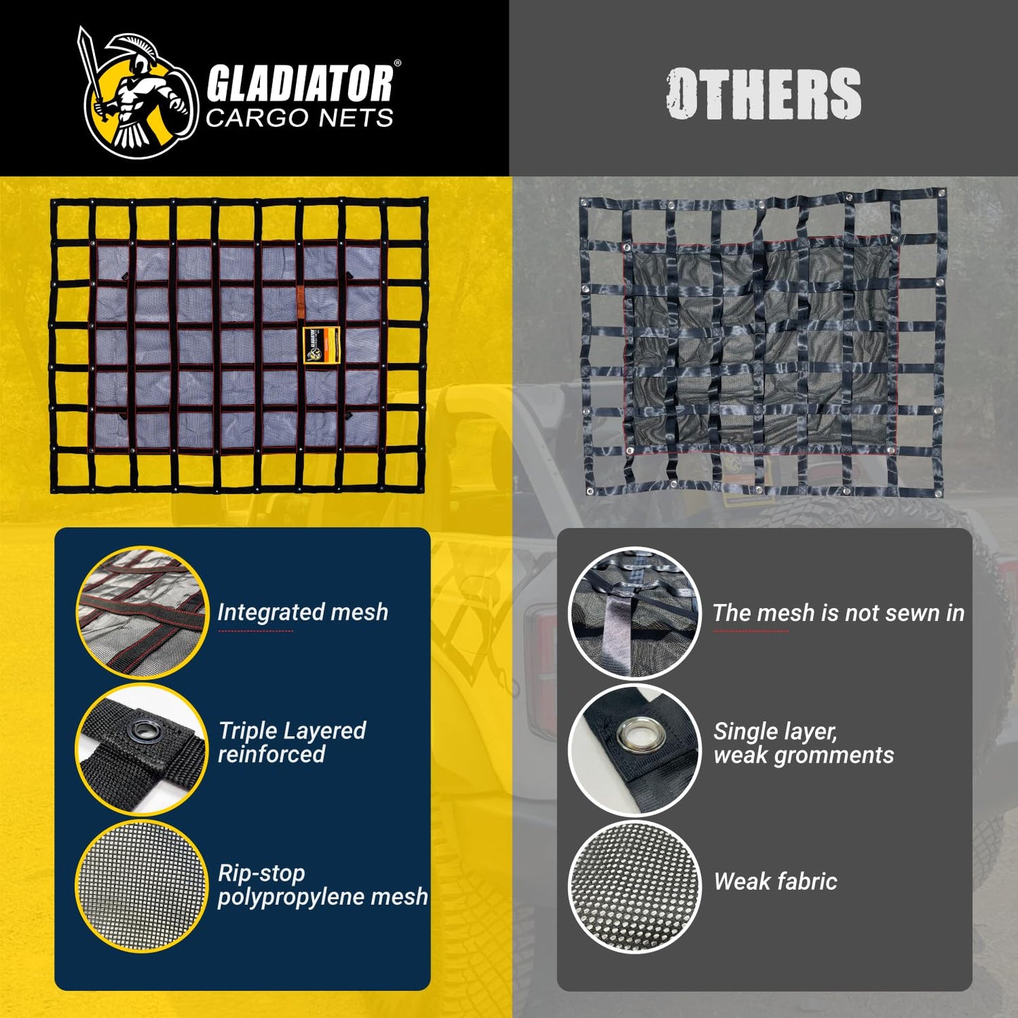 Gladiator Cargo Nets - Heavy Duty Truck Cargo Net-Trcuk Organizer-Truck Bed Cover- Large- Perfect for Trailer, Pickup, Boat, Jeep, SUV, Camping, Hunting-(WLL): 1,500 lbs (LGN-100) 8.75' x 10' ft.