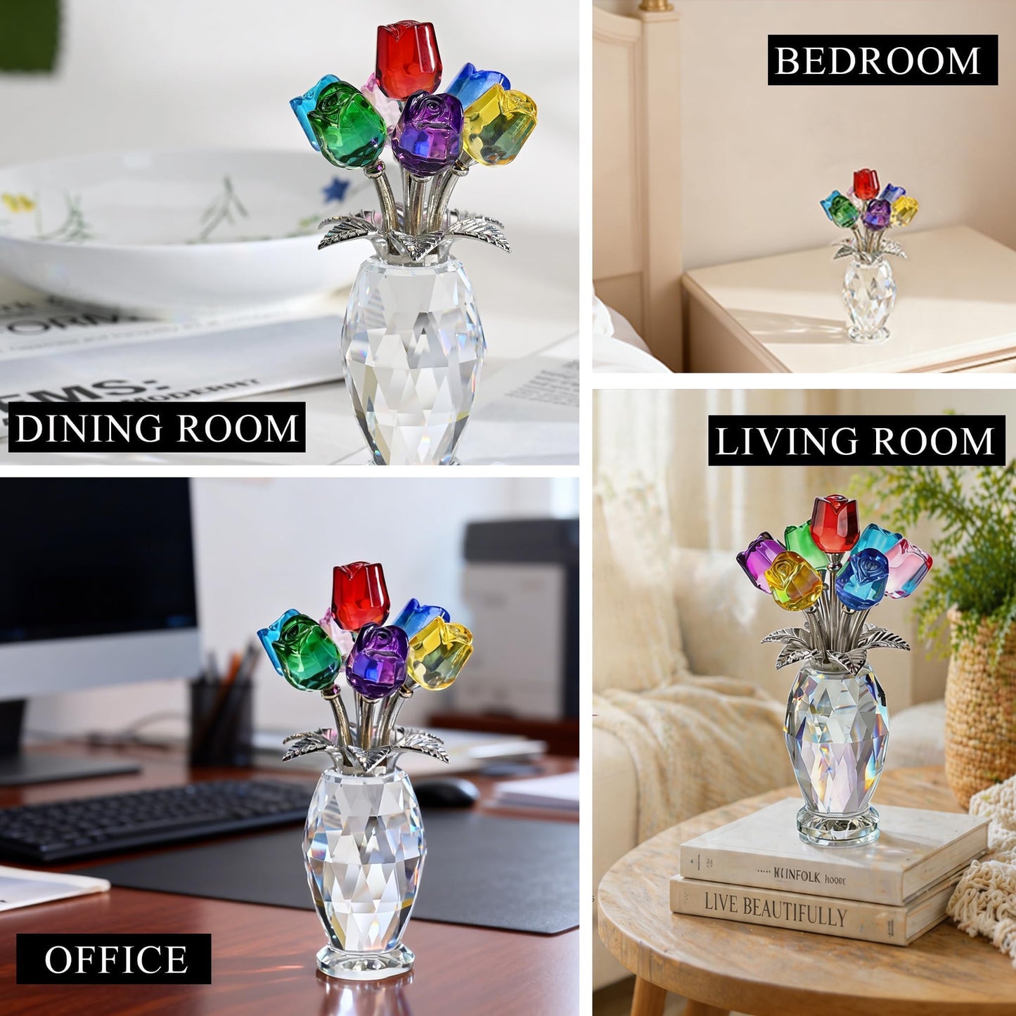 KRISININE Elegant Crystal Rose Figurine 7 Colorful K9 Crystal Flowers Floral Collectible Sculpture Romantic Gift for Valentine’s Day, Mother’s Day, Wedding, Anniversary