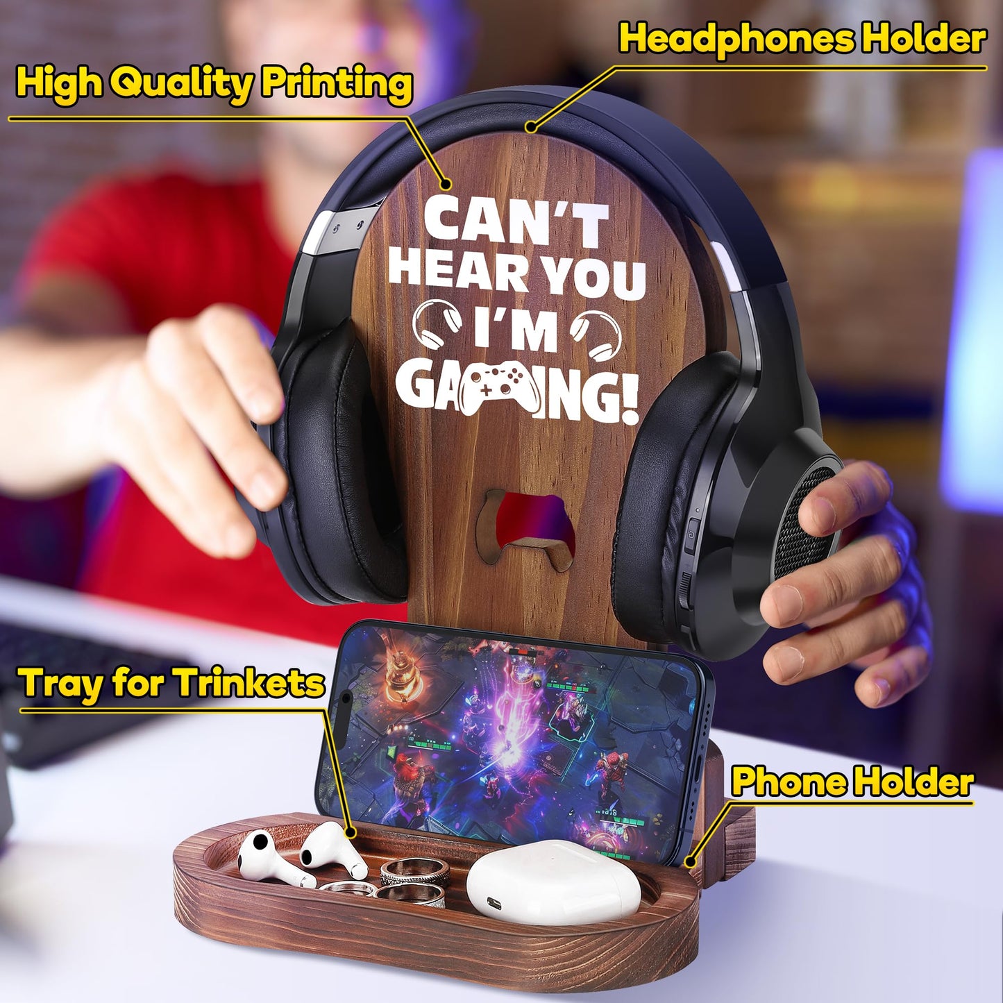 Slothoem-Gamer Gifts for Men Teenage Boy, Gamer Room Decor for Brother, Gaming Gifts for Son, Boyfriend, Husband, Gamer Room Accessories Stuff, Wooden Headset Stand - Can't Hear You I'm Gaming