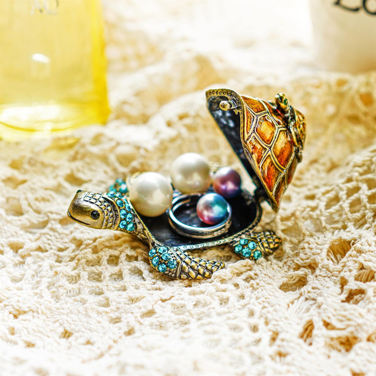 YU FENG Mother and Baby Turtle Figurines Jewelry Trinket Boxes Hinged Collectible Figurines