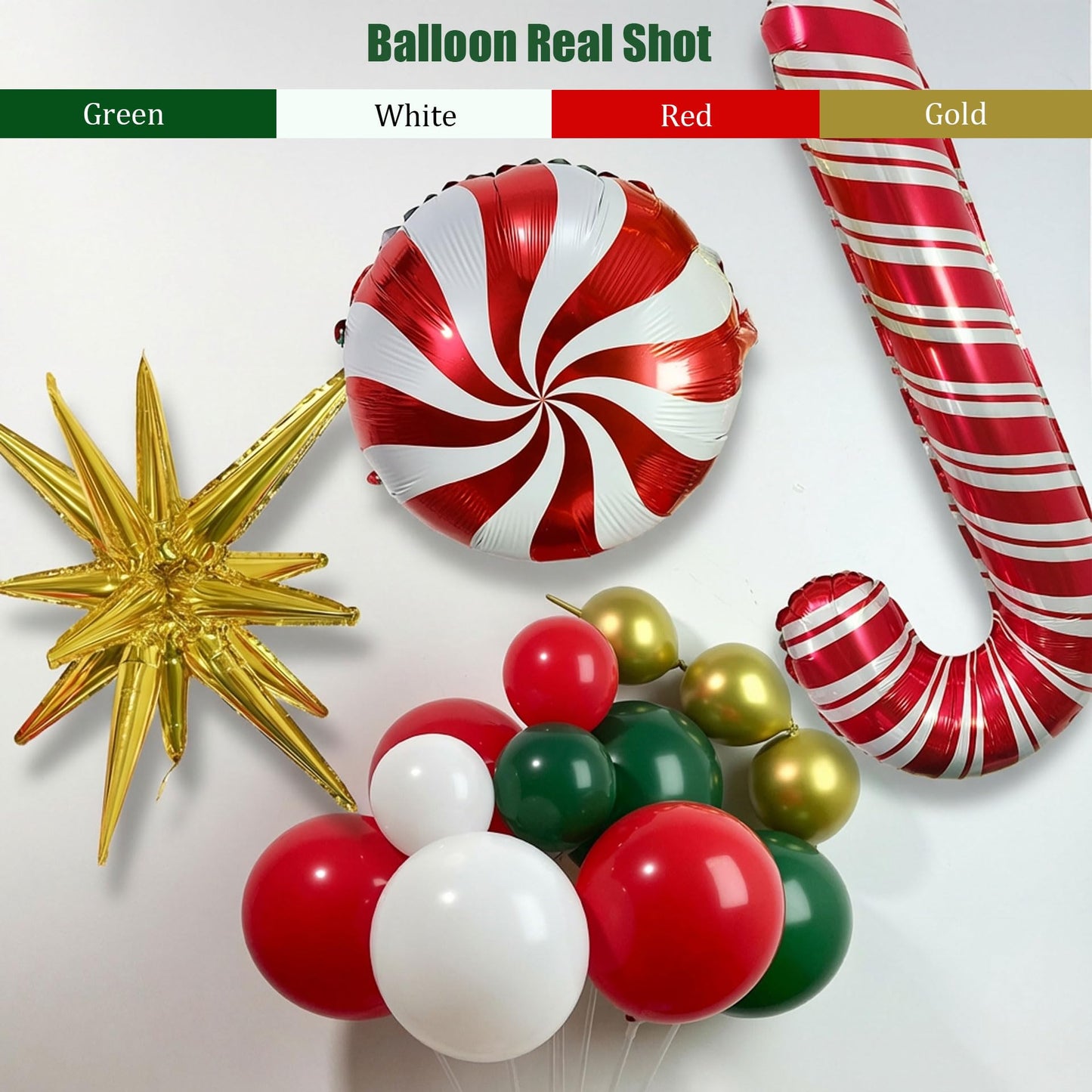 Ceeulvu Christmas Balloon Arch Kit, Red Green Gold White Balloon Garland with Star Candy Cane Foil Balloons for Xmas Party