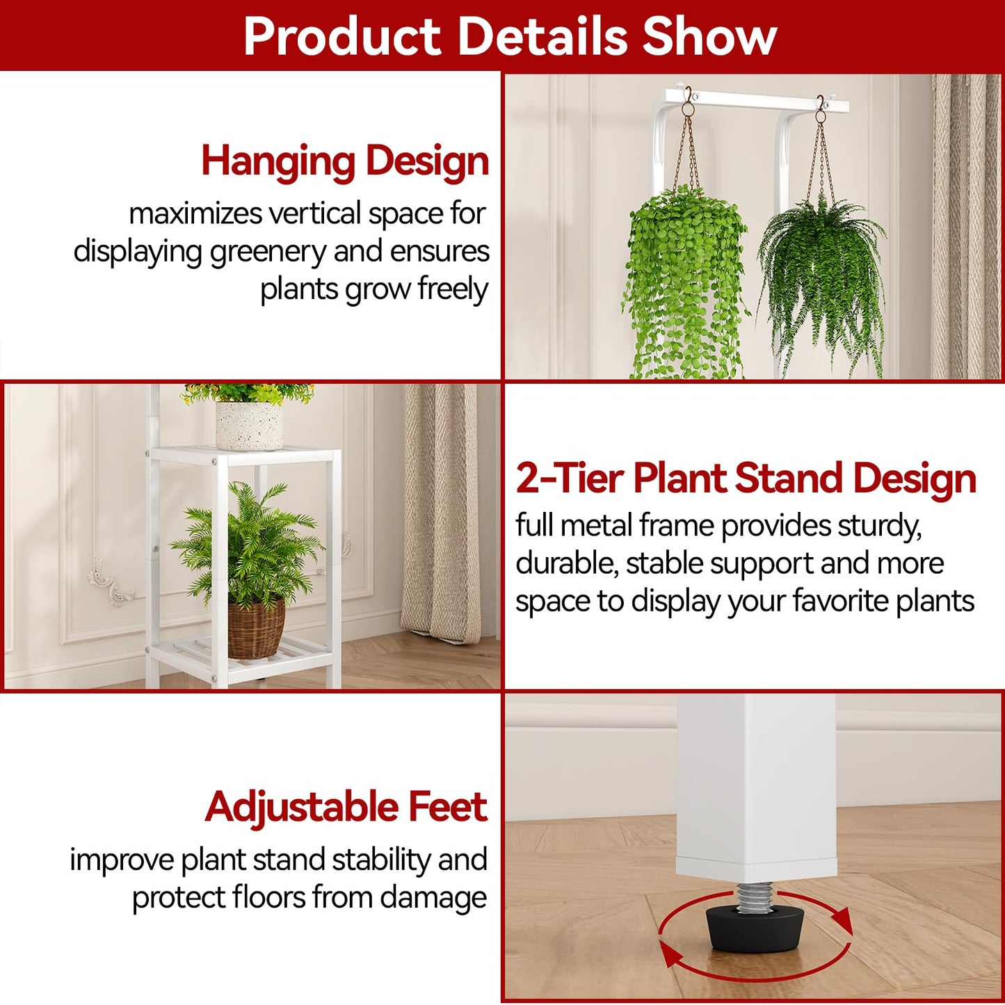 IBUYKE 67 Inch Tall Plant Stand Indoor Outdoor, 3 Tier Metal Hanging Plant Shelf for Multiple Plant, Heavy Duty Plant Holder Flower Stand for Living Room Patio Balcony Garden, White TMJ076W