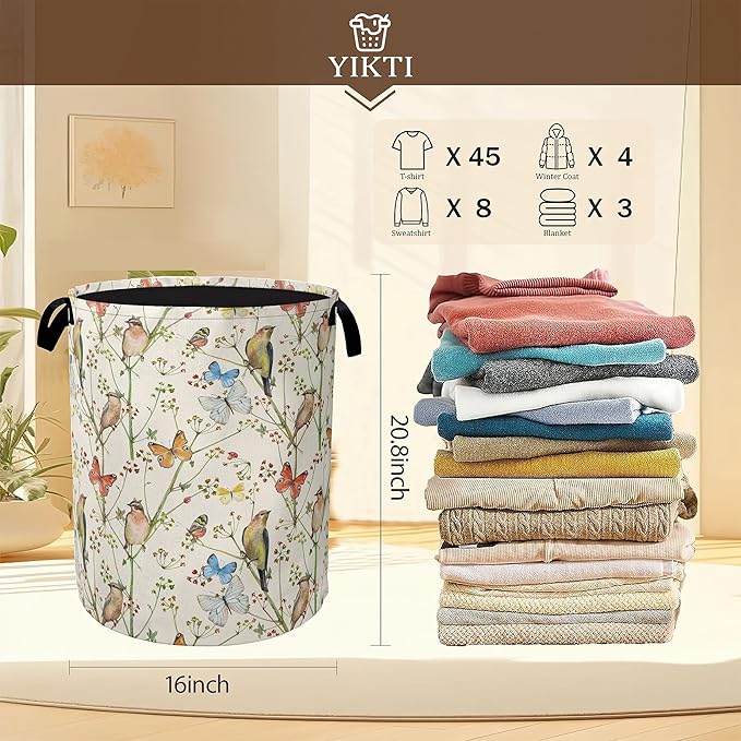 Laundry Hamper, Watercolor Bird Laundry Basket, Spring Flower Butterfly
