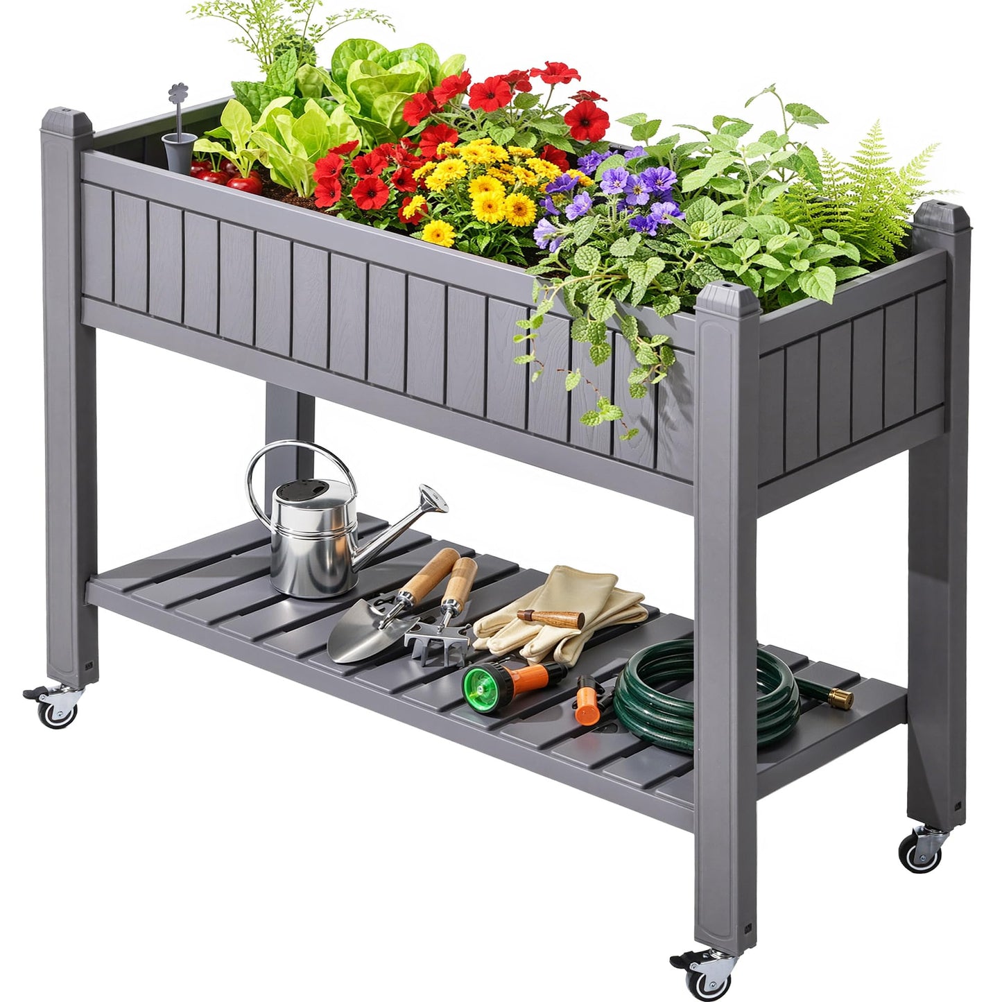 YITAHOME 42.5x17.3x35.4 in Raised Garden Bed, Outdoor Plastic Planter Box with Wheels, Legs, Drain Plug, and Storage Shelf for Plants, Vegetables, Flowers, Herbs, Brown